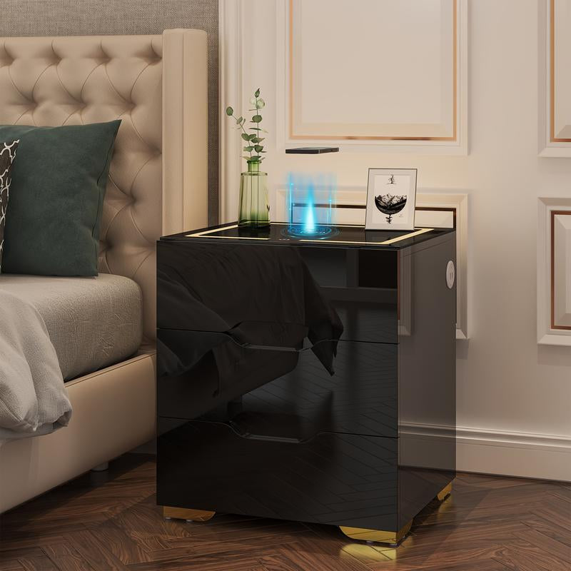 【Back to School】Led Nightstand with 3 Drawers, LED Light Bedside Table with Wireless Charging Station & USB Port via Touch Screen End Table Bedroom Furniture