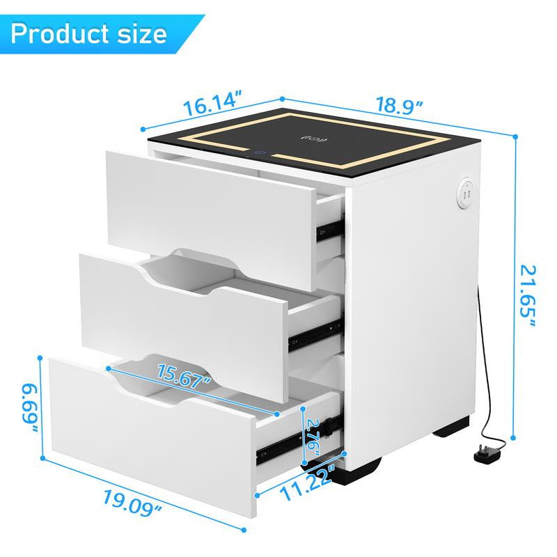 【Back to School】Led Nightstand with 3 Drawers, LED Light Bedside Table with Wireless Charging Station & USB Port via Touch Screen End Table Bedroom Furniture