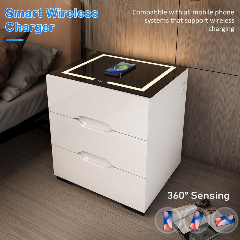 【Back to School】Led Nightstand with 3 Drawers, LED Light Bedside Table with Wireless Charging Station & USB Port via Touch Screen End Table Bedroom Furniture
