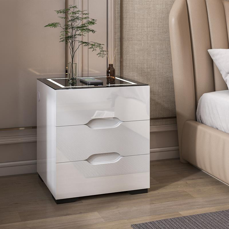 【Back to School】Led Nightstand with 3 Drawers, LED Light Bedside Table with Wireless Charging Station & USB Port via Touch Screen End Table Bedroom Furniture