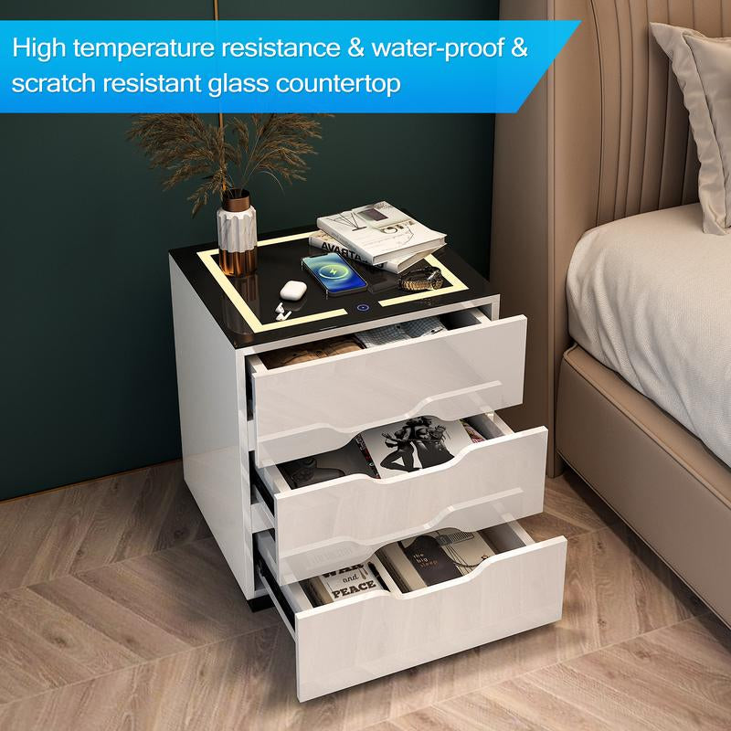 【Back to School】Led Nightstand with 3 Drawers, LED Light Bedside Table with Wireless Charging Station & USB Port via Touch Screen End Table Bedroom Furniture