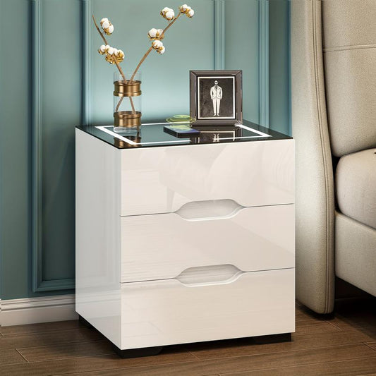 【Back to School】Led Nightstand with 3 Drawers, LED Light Bedside Table with Wireless Charging Station & USB Port via Touch Screen End Table Bedroom Furniture