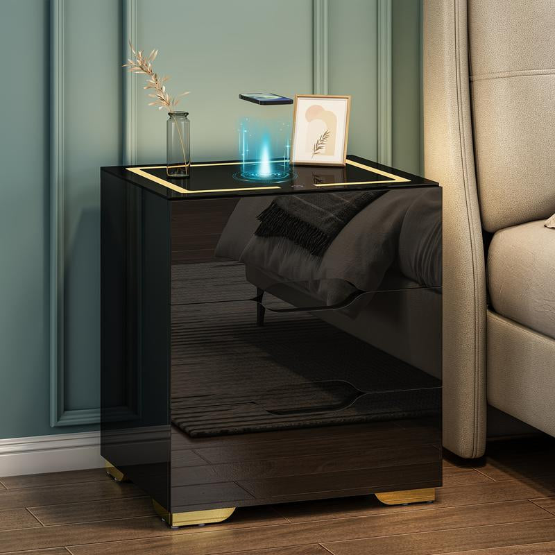 【Back to School】Led Nightstand with 3 Drawers, LED Light Bedside Table with Wireless Charging Station & USB Port via Touch Screen End Table Bedroom Furniture