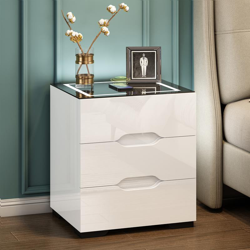 【Back to School】Led Nightstand with 3 Drawers, LED Light Bedside Table with Wireless Charging Station & USB Port via Touch Screen End Table Bedroom Furniture