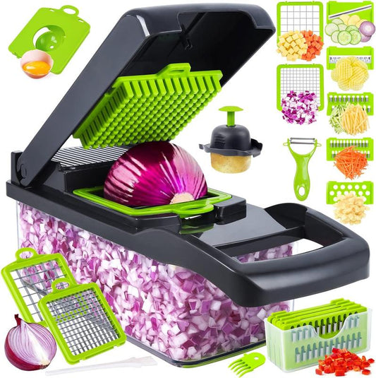 Cucumber Chopper, Vegetable Chopper, Pro Onion Chopper, 14 in 1Multifunctional Food Chopper, Kitchen Vegetable Slicer Dicer Cutter,Veggie Chopper with 8 Blades,Carrot Chopper with Container-Kitchen Essentials(Grey) Utensils Stainless Steel Smooth Garlic