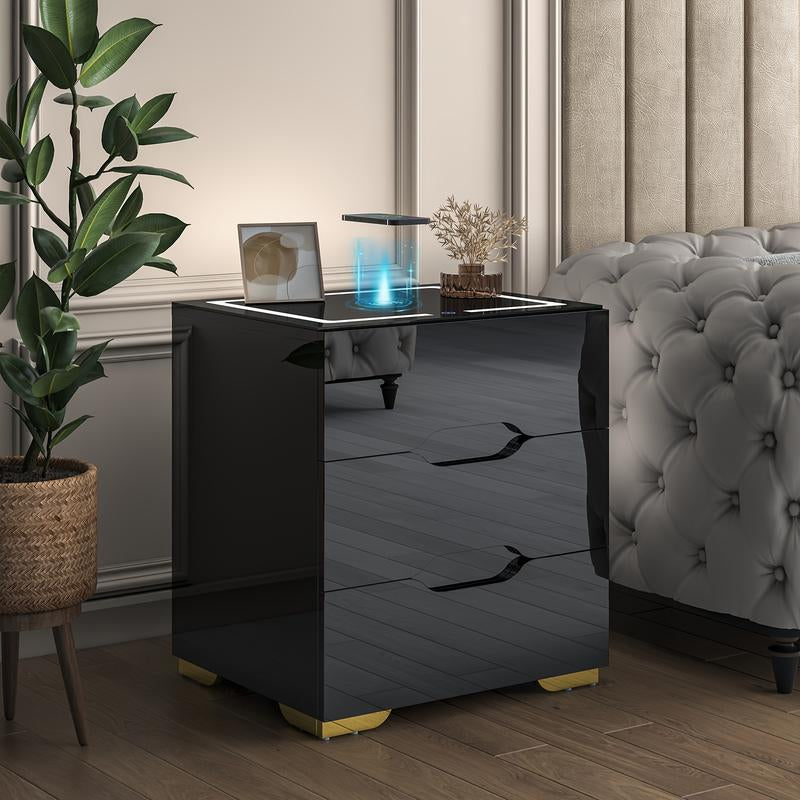 【Back to School】Led Nightstand with 3 Drawers, LED Light Bedside Table with Wireless Charging Station & USB Port via Touch Screen End Table Bedroom Furniture